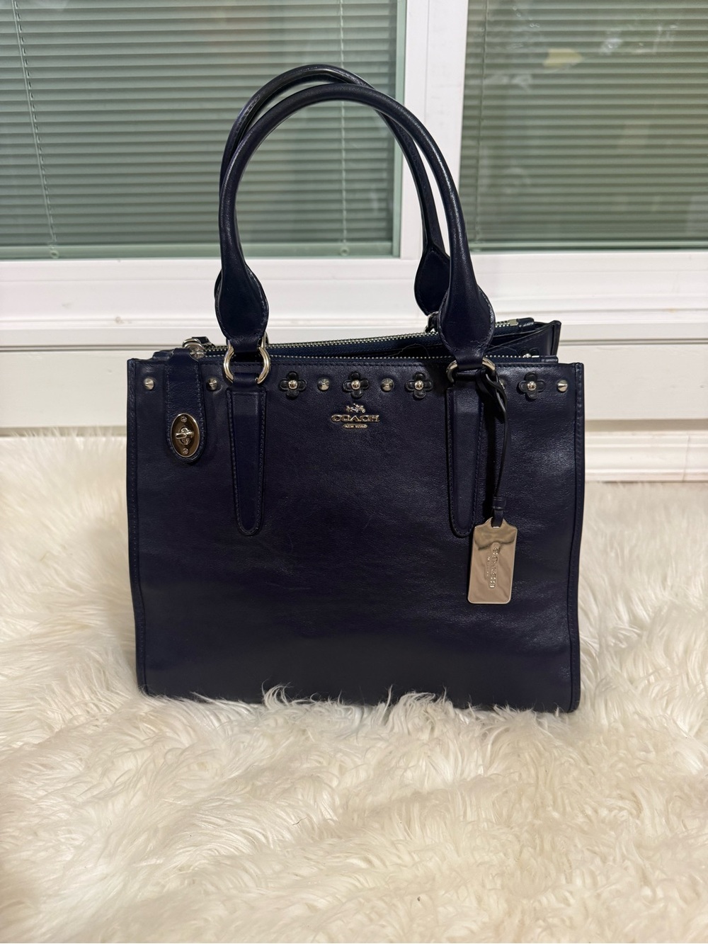 Coach Navy Leather Top-Handle Satchel - Picture 3 of 9